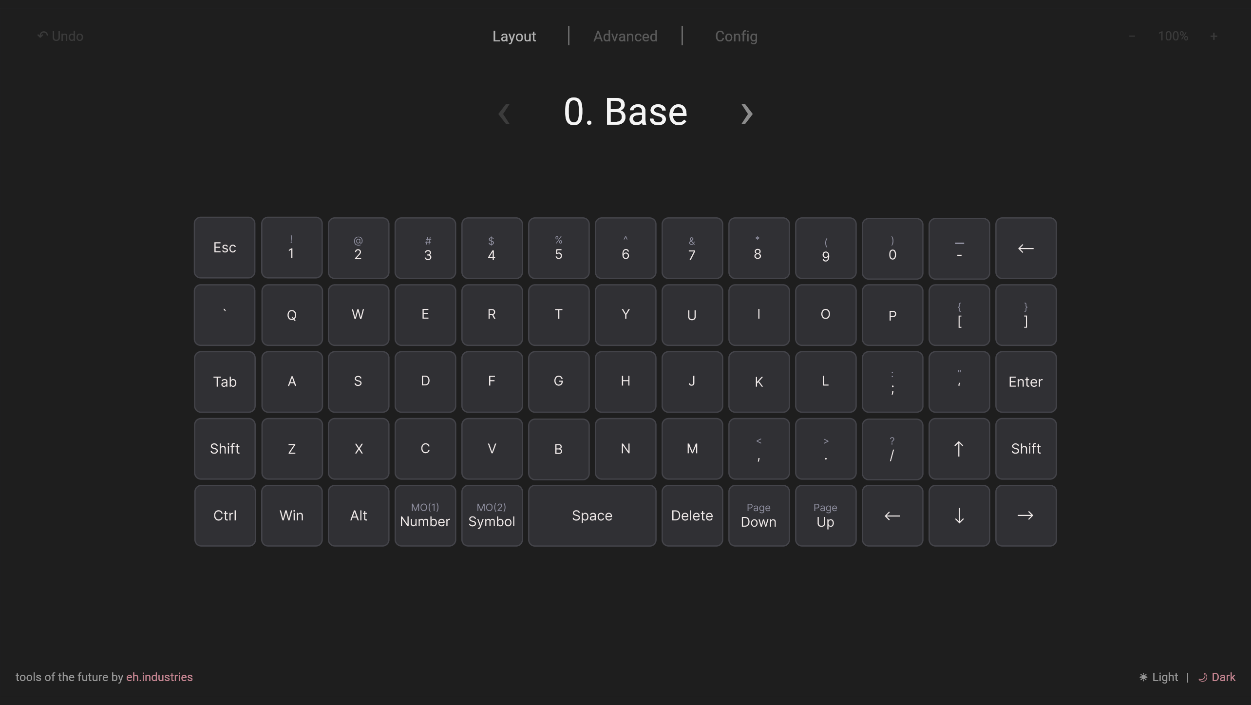 Entropy layout editor showing a compact ortholinear keyboard on the Base layer