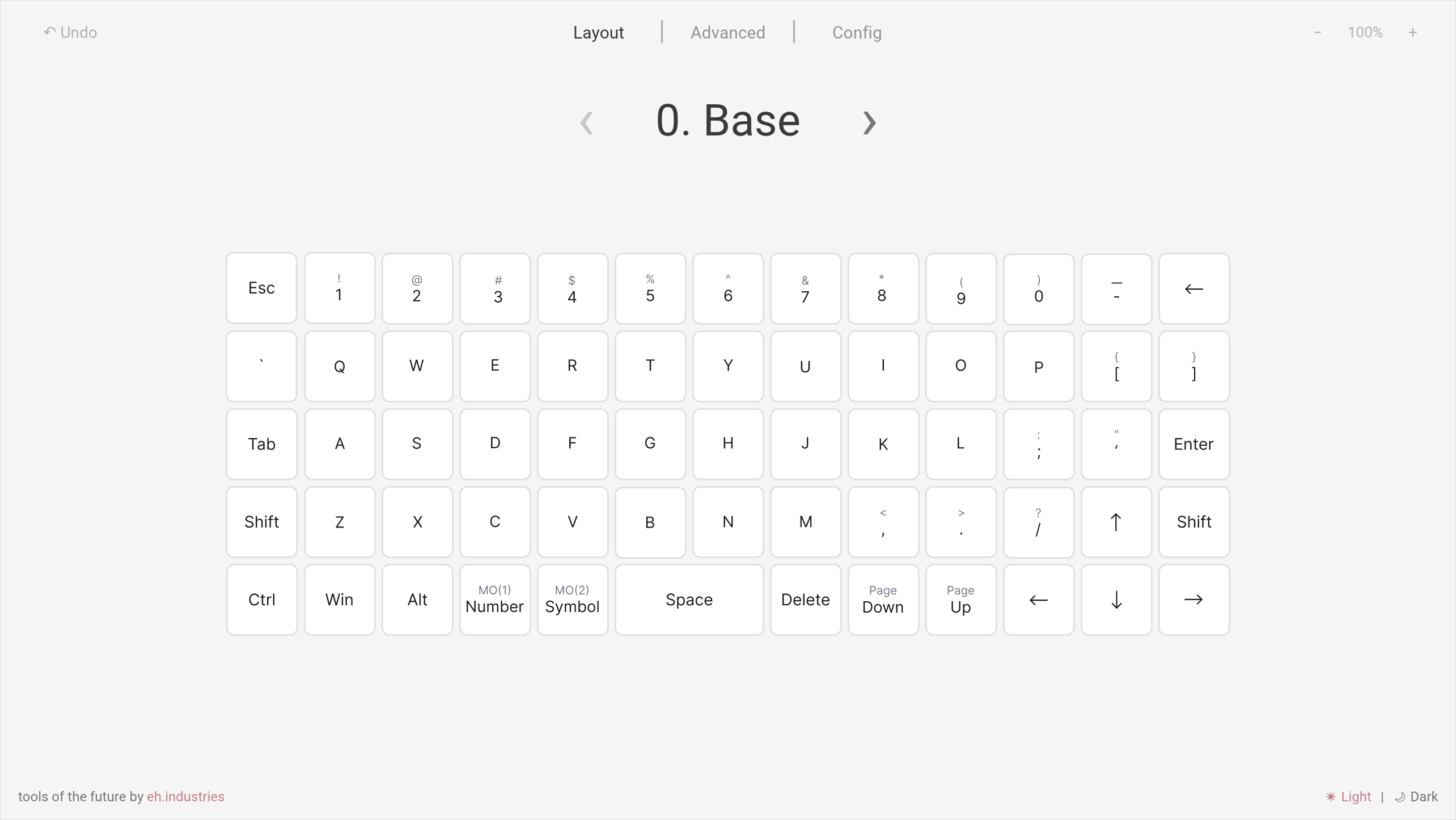Entropy layout editor showing a compact ortholinear keyboard on the Base layer