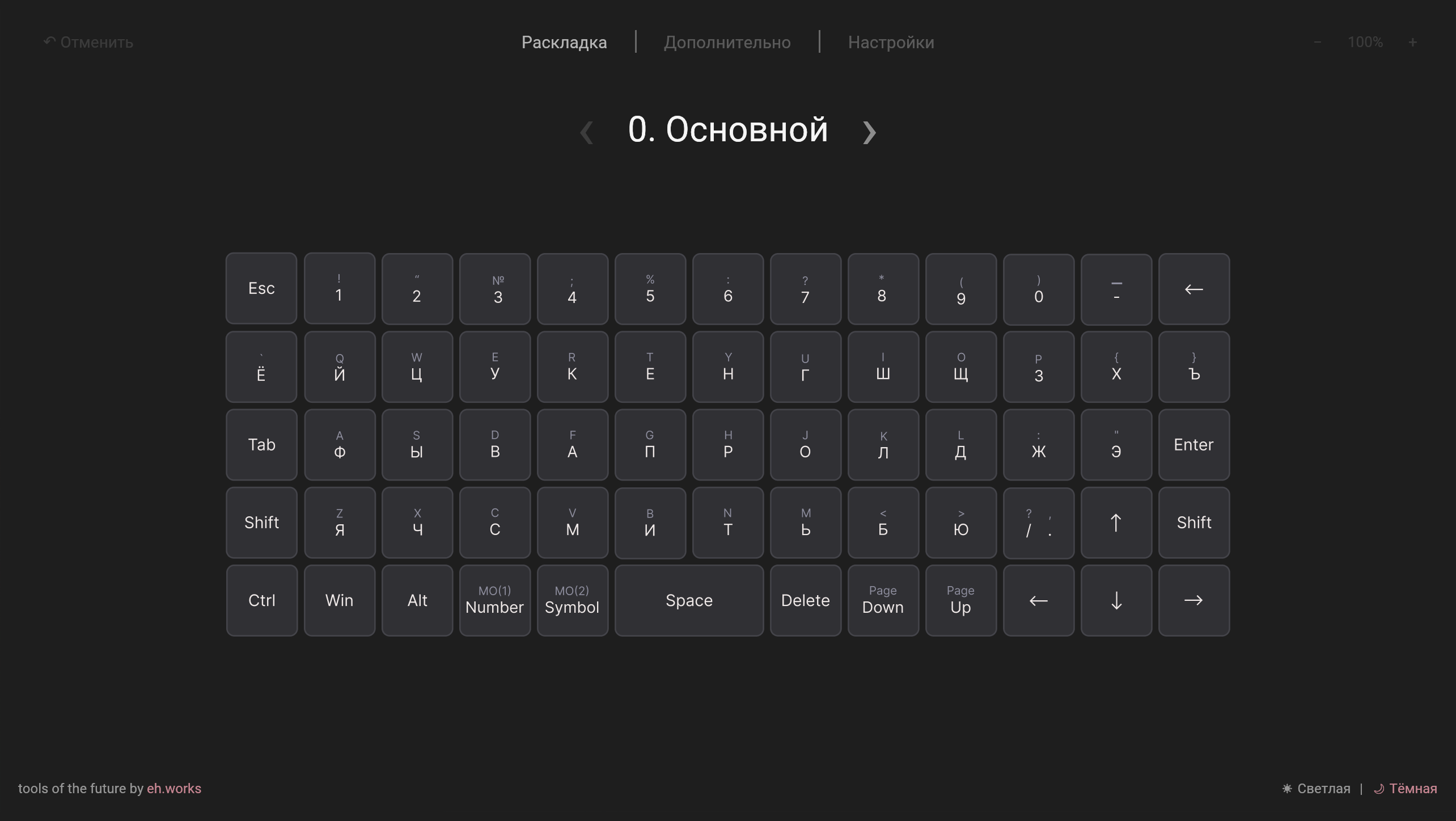 Редактор раскладки Entropy с компактной ортолинейной клавиатурой на слое «Основной»
