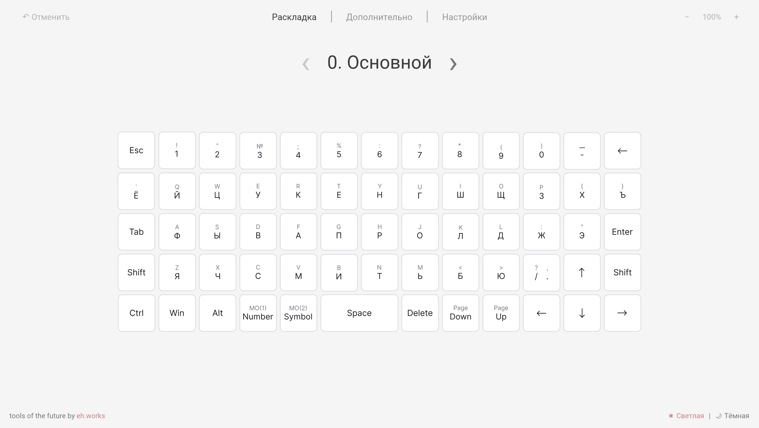 Редактор раскладки Entropy с компактной ортолинейной клавиатурой на слое «Основной»