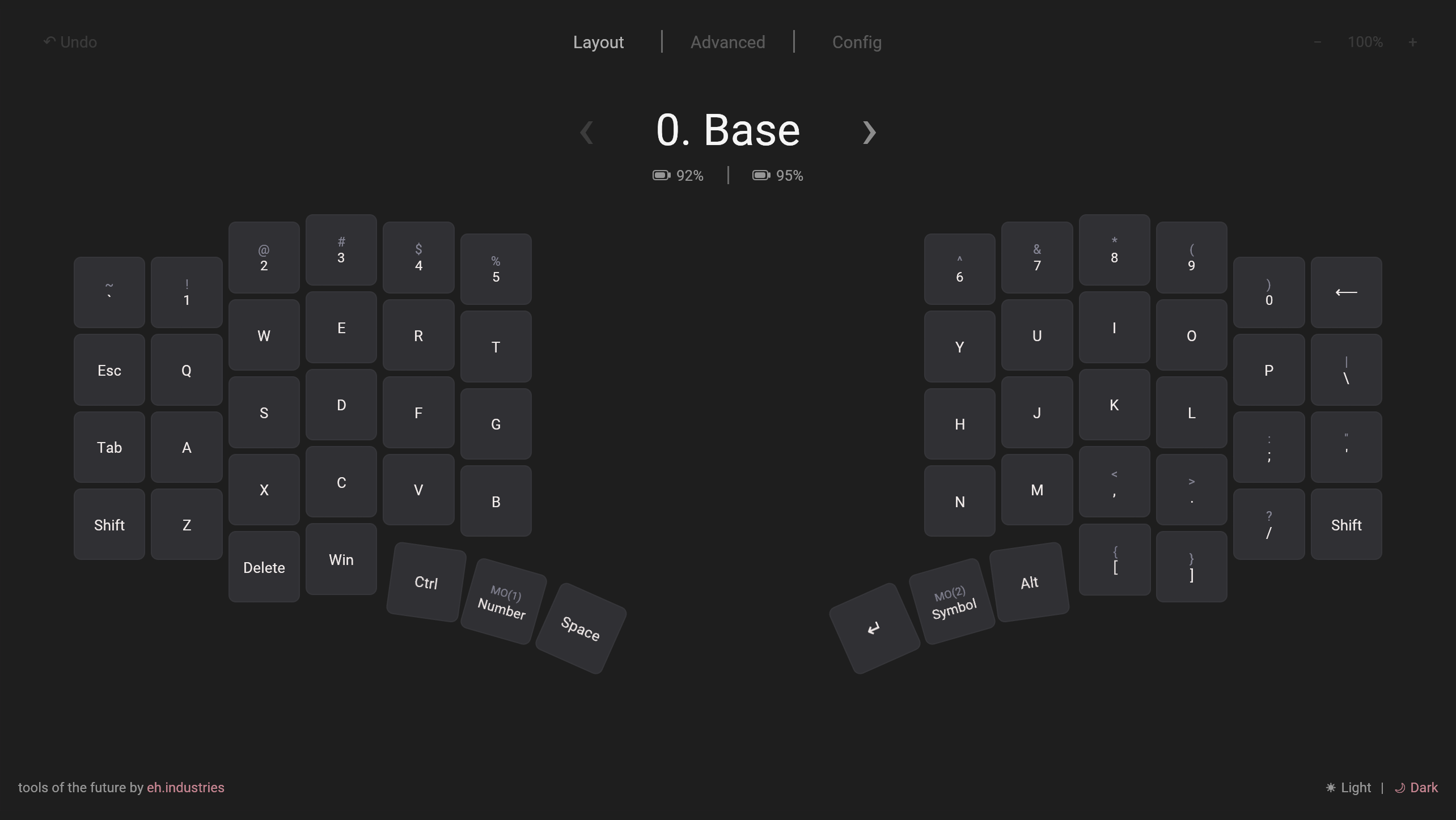 Entropy layout editor showing a split keyboard on the Base layer