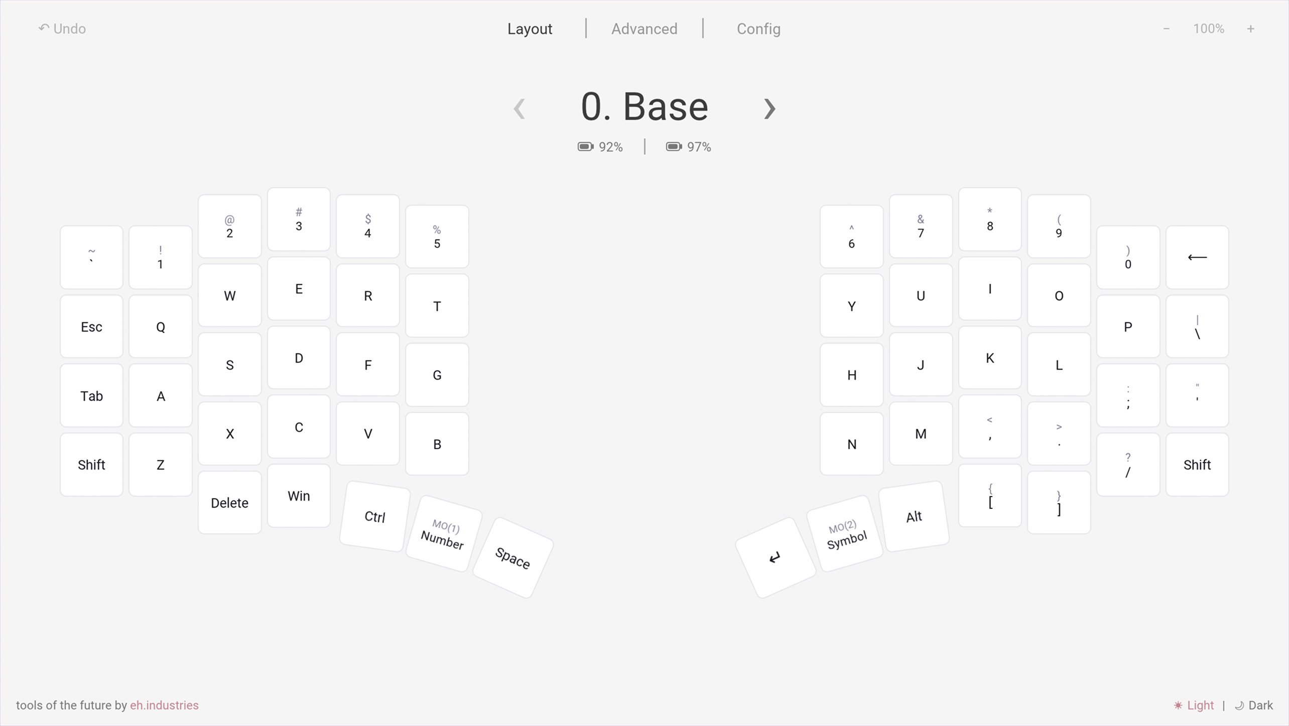 Entropy layout editor showing a split keyboard on the Base layer
