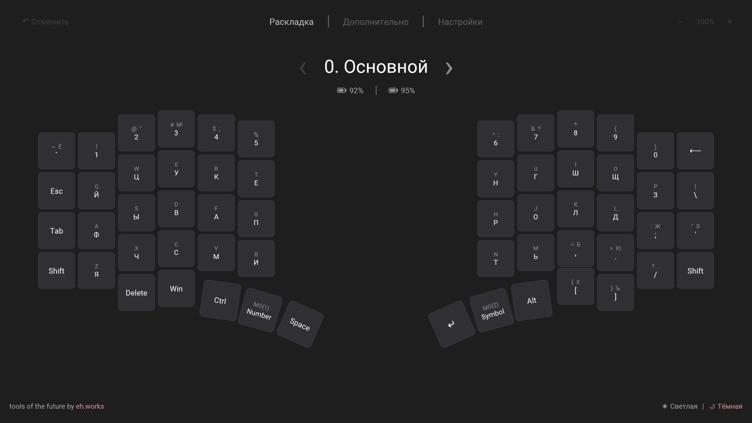 Редактор раскладки Entropy со сплит-клавиатурой на слое «Основной»