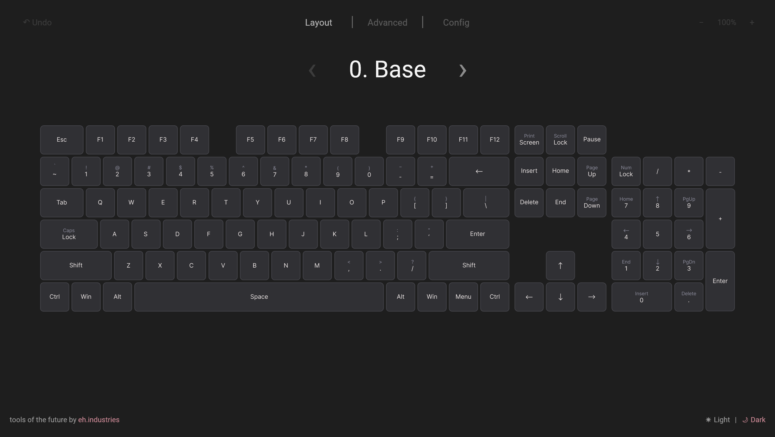 Entropy layout editor showing a full-size standard keyboard on the Base layer