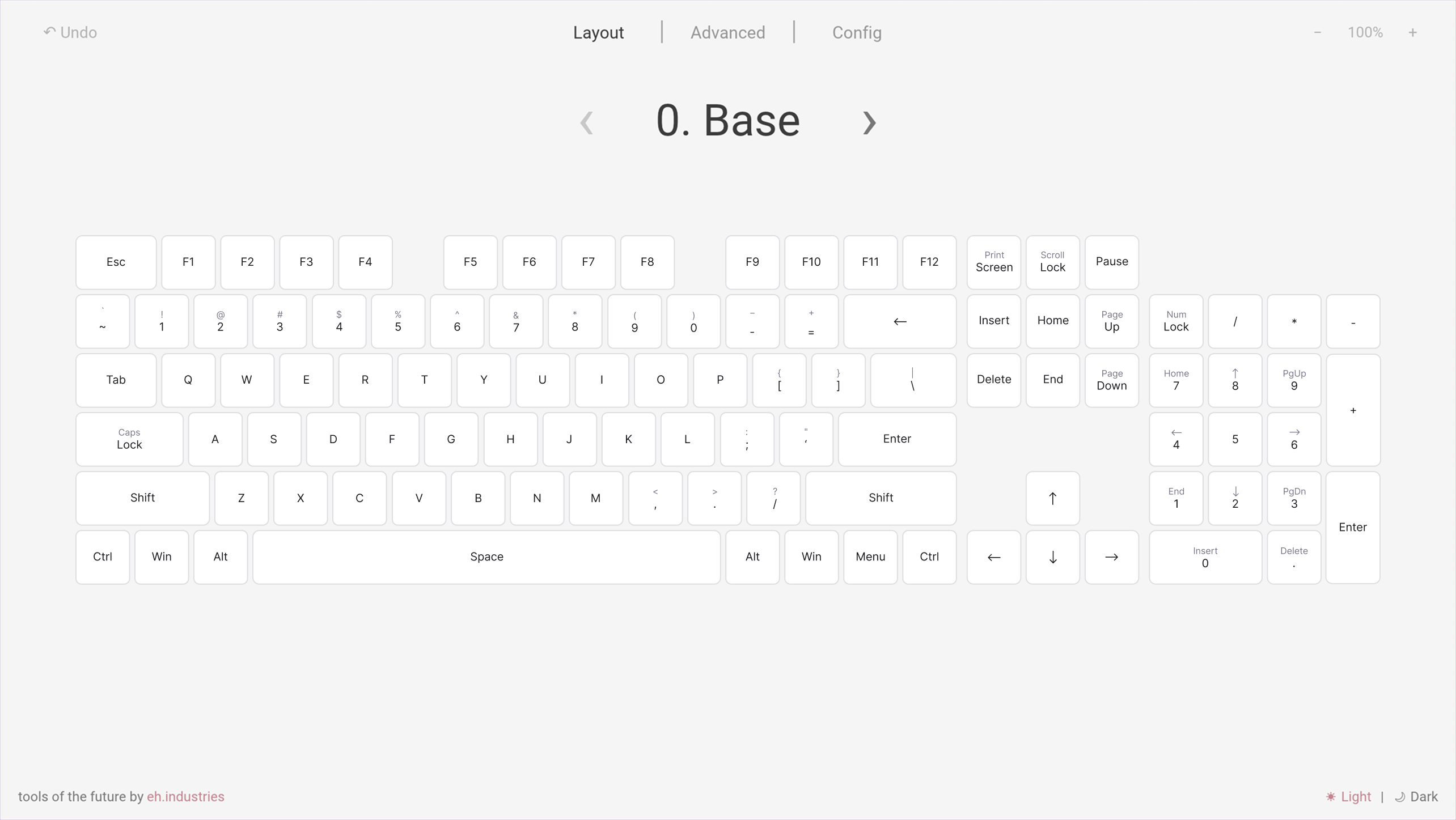 Entropy layout editor showing a full-size standard keyboard on the Base layer