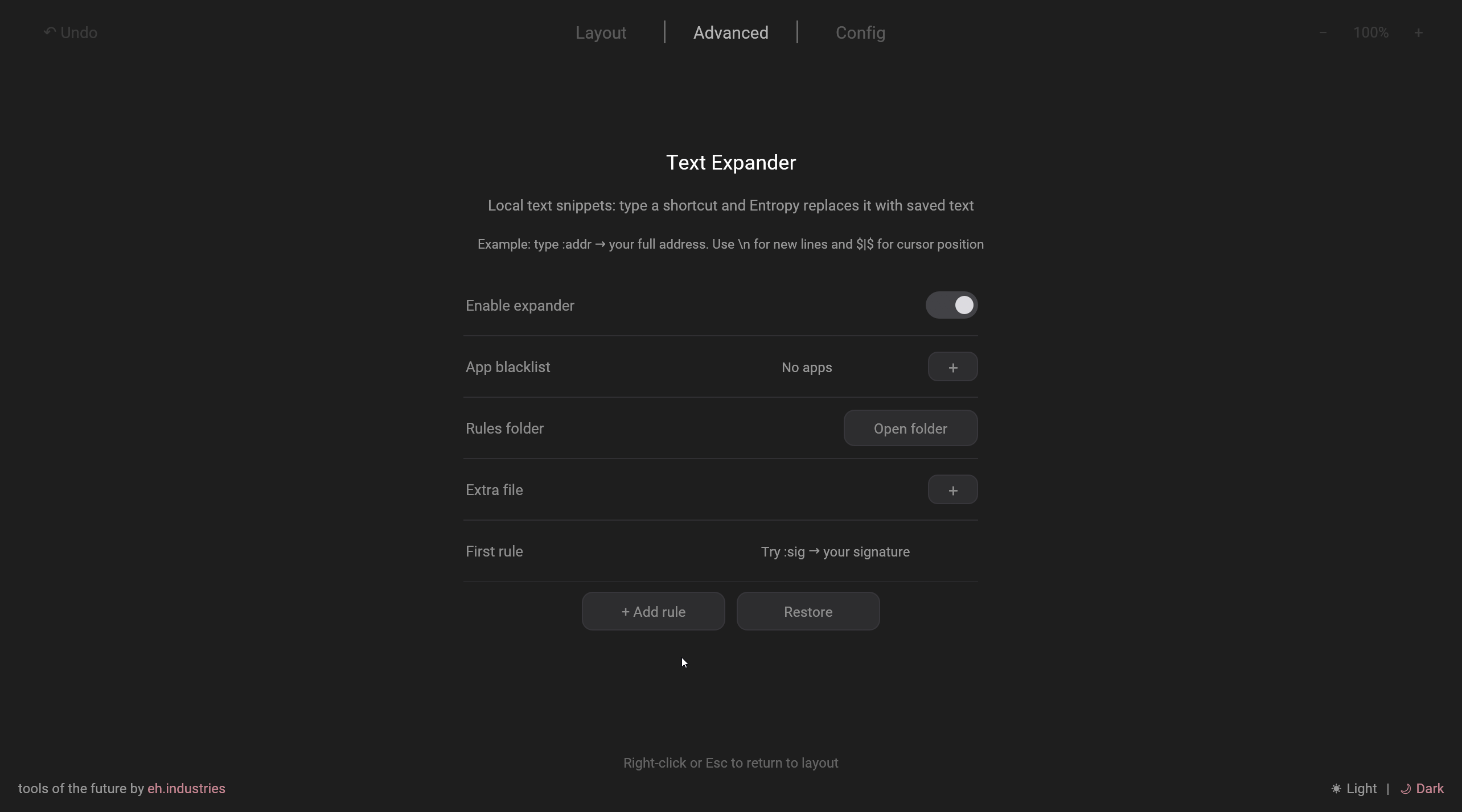 Animated Entropy Text Expander showing a local shortcut rule and the resulting expanded text