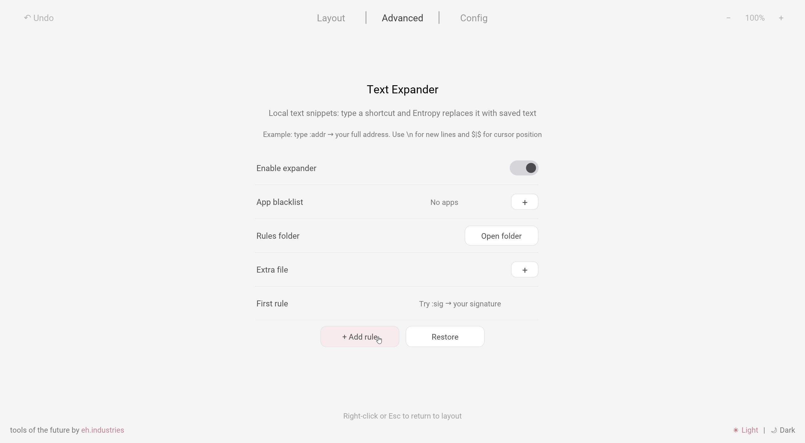 Animated Entropy Text Expander showing a local shortcut rule and the resulting expanded text