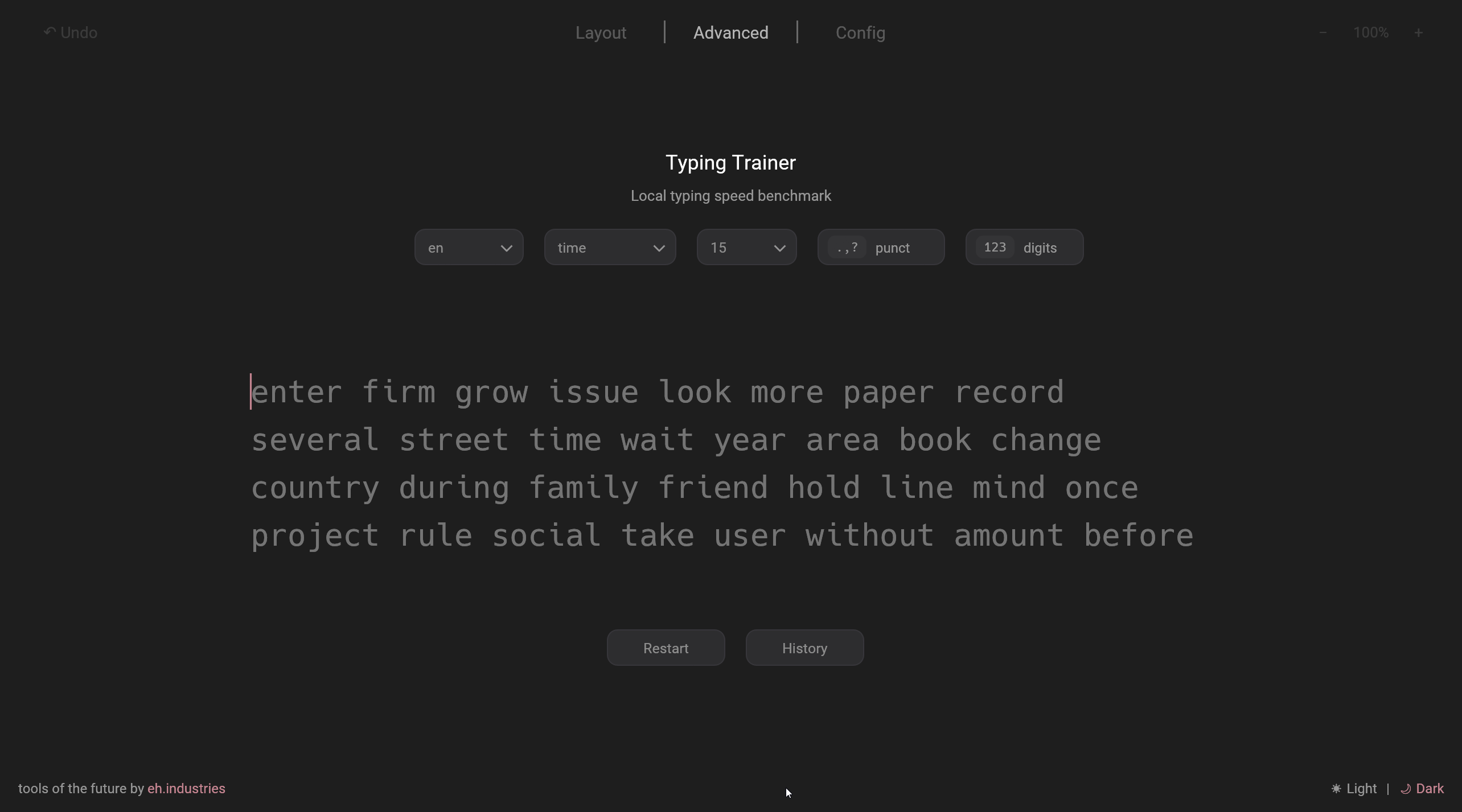 Animated Entropy Typing Trainer showing an English timed exercise in progress
